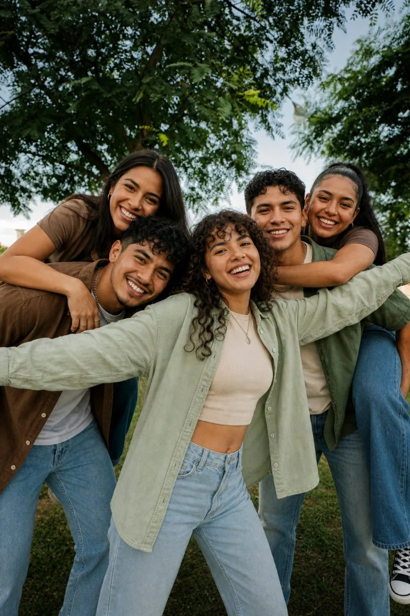Grupo de amigos en un parque después de su jornada
