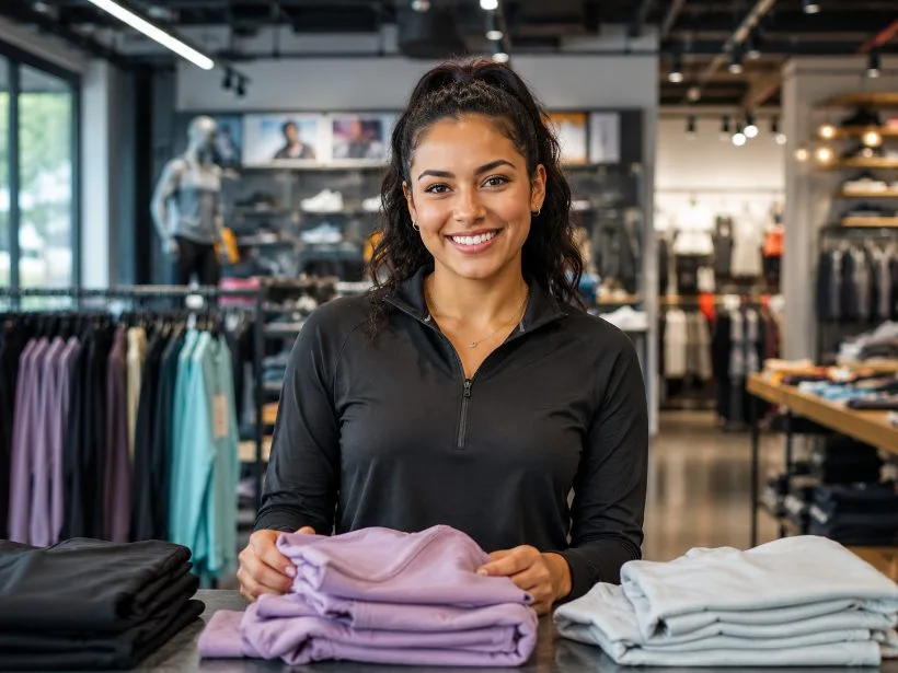 Colaboradora de tienda de ropa acomodando prendas durante la temporada alta