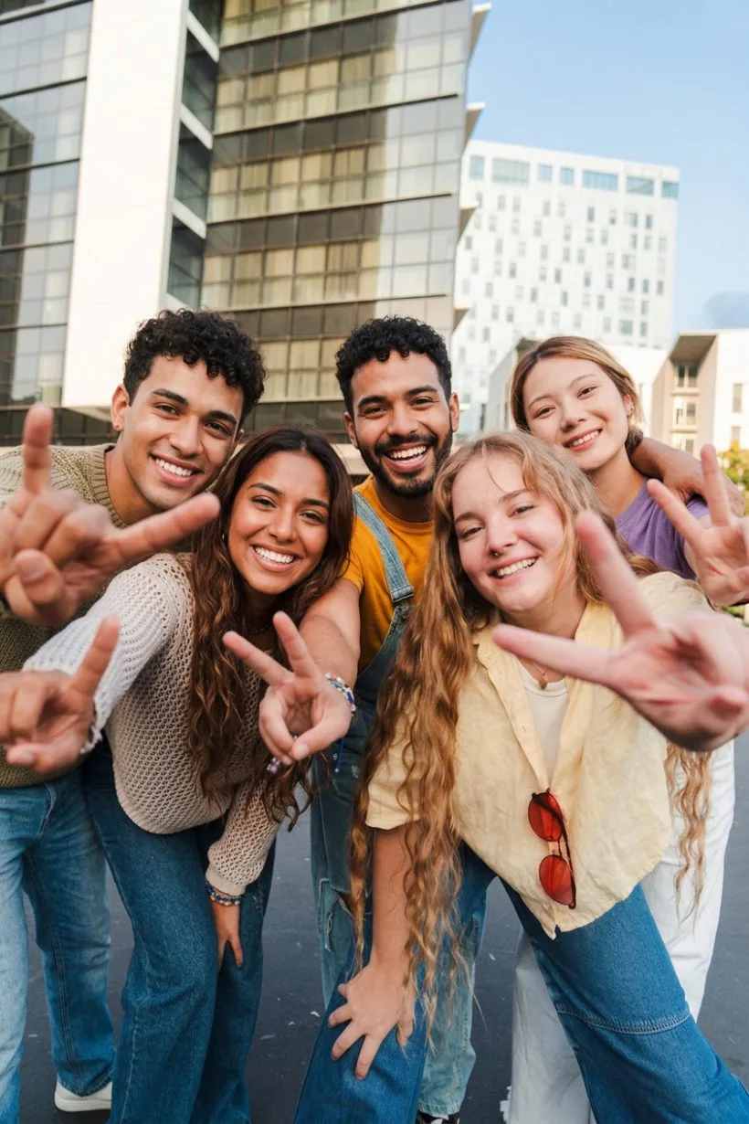 Jóvenes caminando por la ciudad rumbo a su trabajo de temporada
